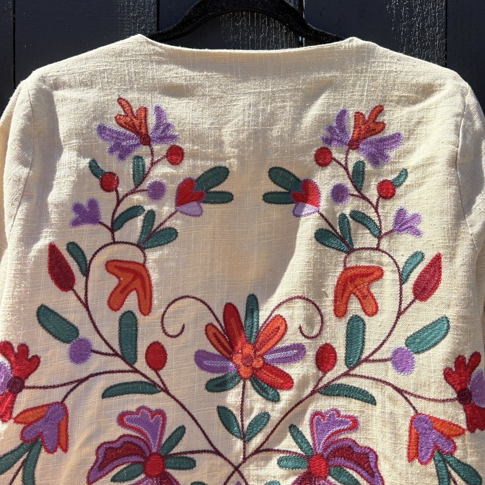 Anthropologie Dolan Boho Folk Art Embroidered Linen Blnd Jacket L Crop Floral - Picture 9 of 12
